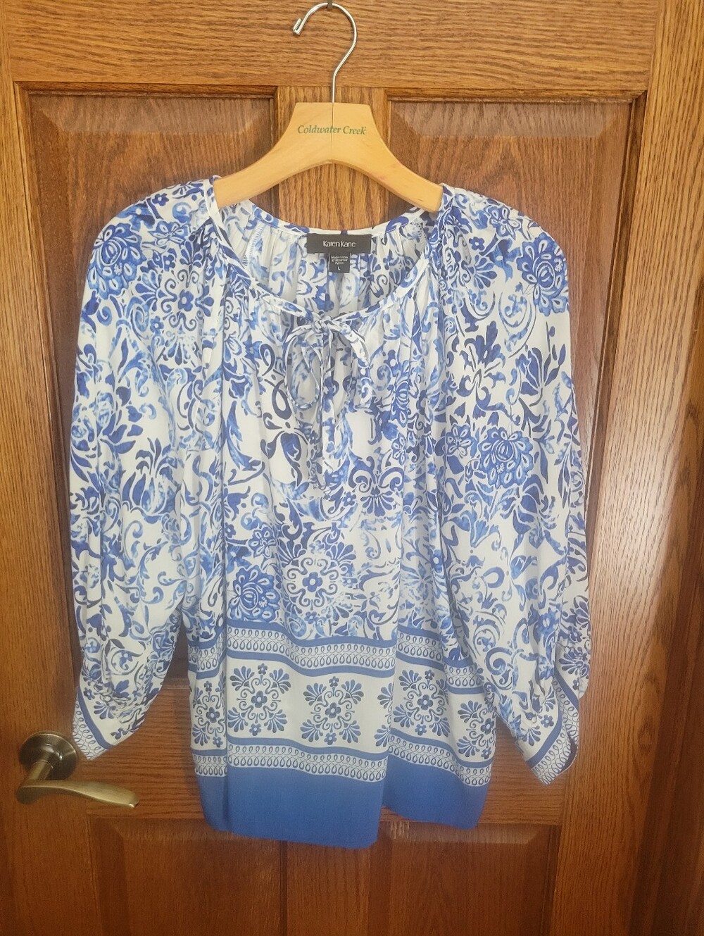 Karen Kane White and Blue Printed Tie-Neck Blouse